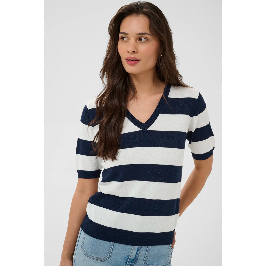 Kaffe KAregina Stripe V-neck Pullover | Midnight/Chalk