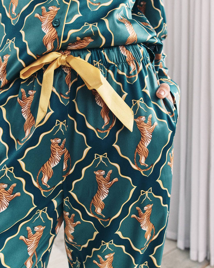 Satin Gilded Tiger Print Long Pyjama Set: UK 14