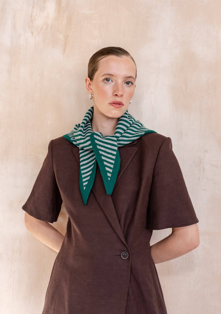 Merino Wool Triangle Scarf in Green &amp; Charcoal Stripe