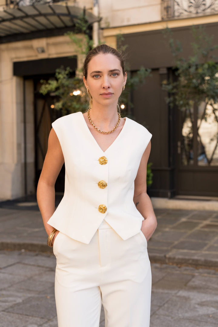 Aura Sleeveless Vest Gold Buttons Off White