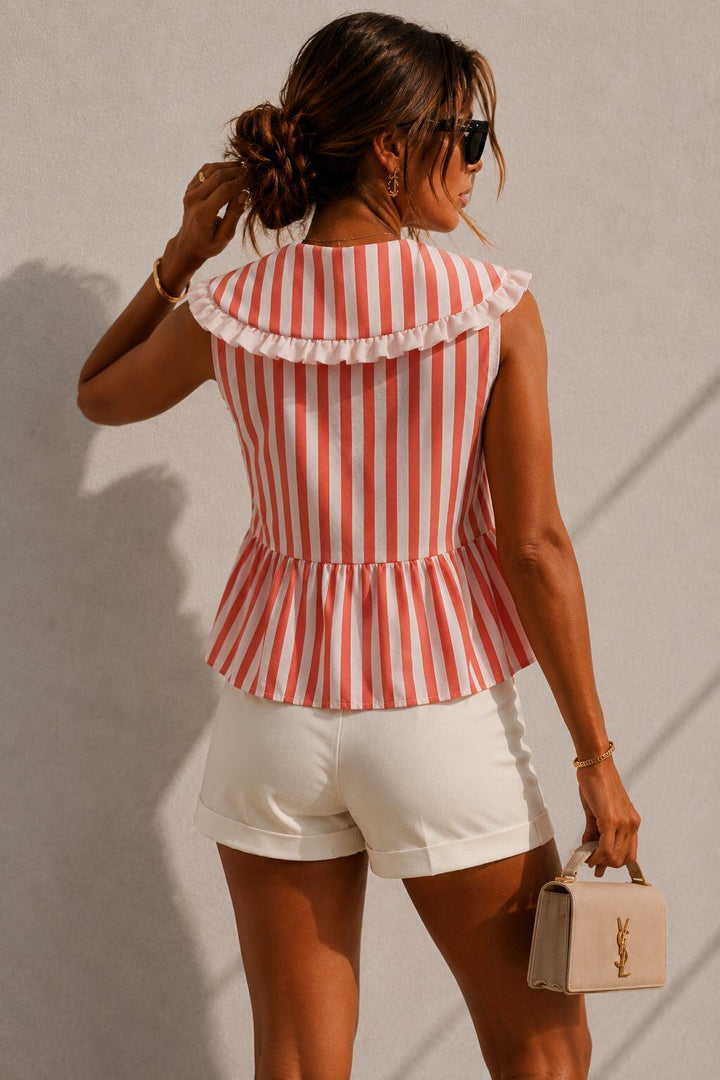 Lucie Striped Blouse Ruffle Collar Red