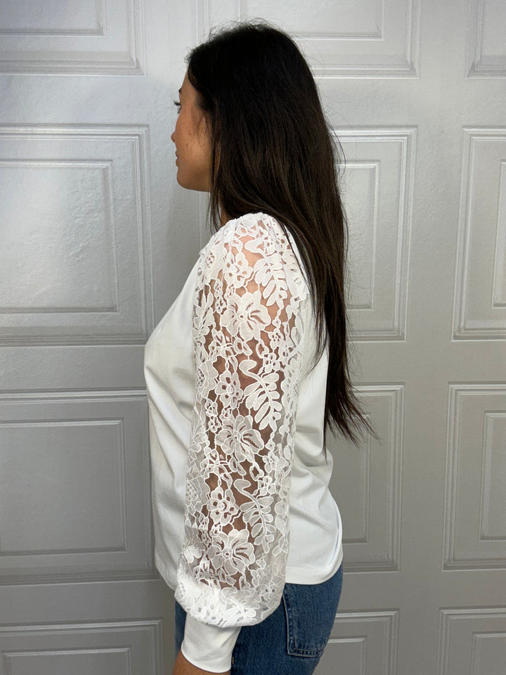 Numph Nuisak Bright White Lace Sleeve Top