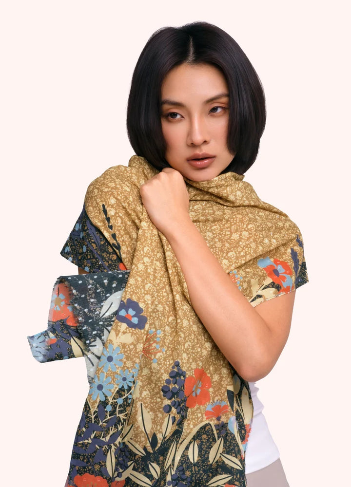 Powder Cotton Poplin Print Scarf | Floral Hedgerow Moss