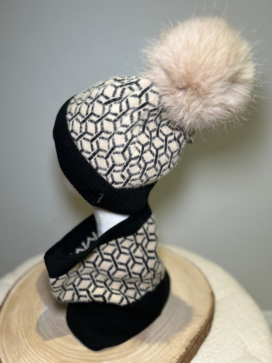 Perfect Hat and Snood Set – Black & Beige Geometric