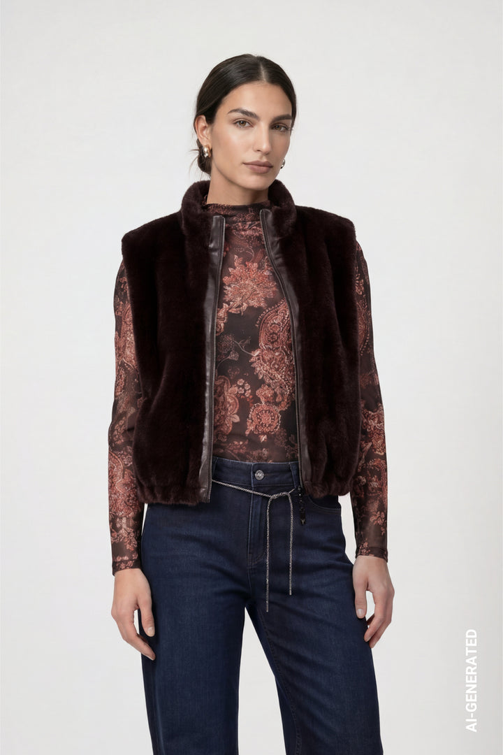 Monari Black Coffee Faux Fur Wasitcoat