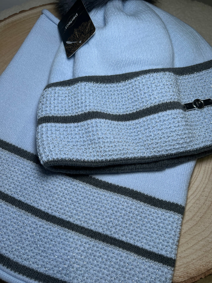 Perfect Hat and Snood Set – Soft Blue & Charcoal Stripes