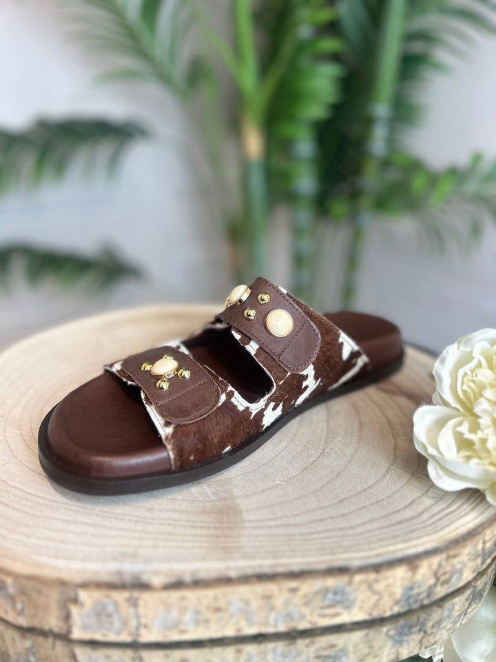 S.Piero White Leather Pony Cow Brown Sandal