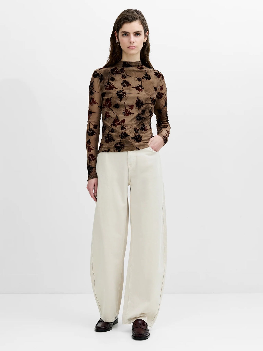 French Connection Tia Brown Floral Velvet Devore Mesh Top