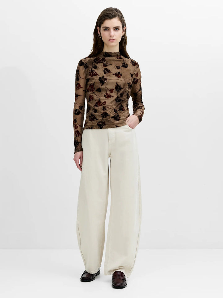 French Connection Tia Brown Floral Velvet Devore Mesh Top