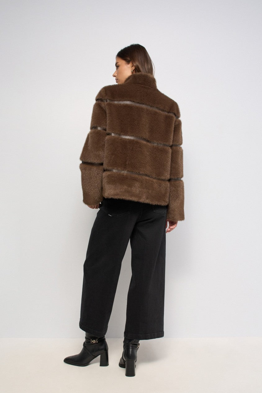 Salsa Faux Fur Coat With PU | Dark Brown