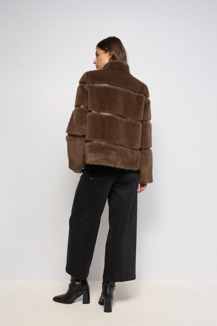 Salsa Faux Fur Coat With PU | Dark Brown