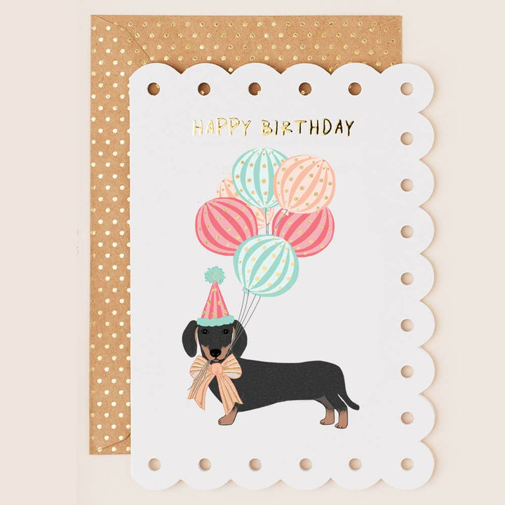 Sausage Dog Birthday Card with Broderie Border
