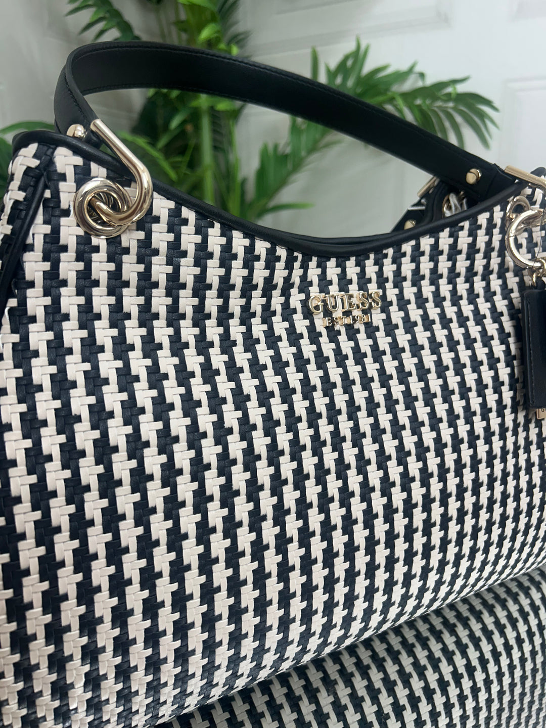 Guess Mirema Black Woven Shopper Handbag