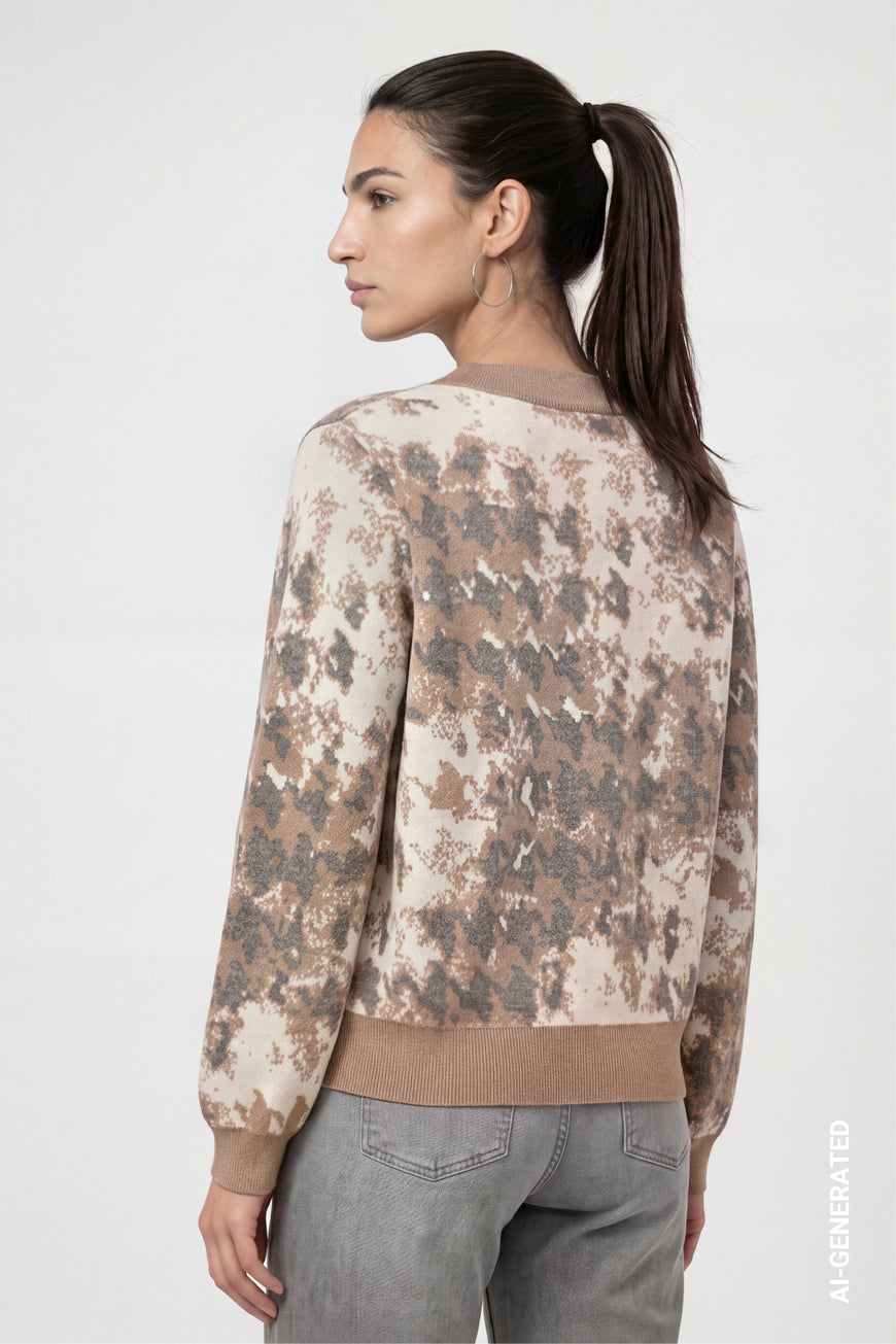 Monari Brown Sugar Houndstooth Jacquard Pattern Knitted Jumper