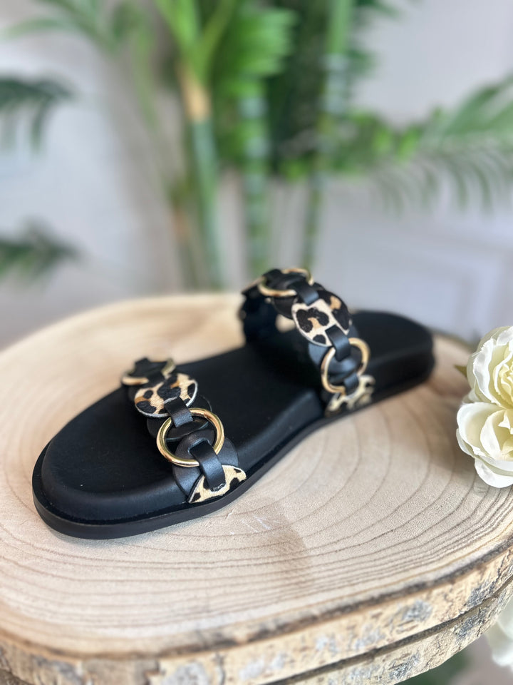 S.Piero Black Pony Leopard Sandal