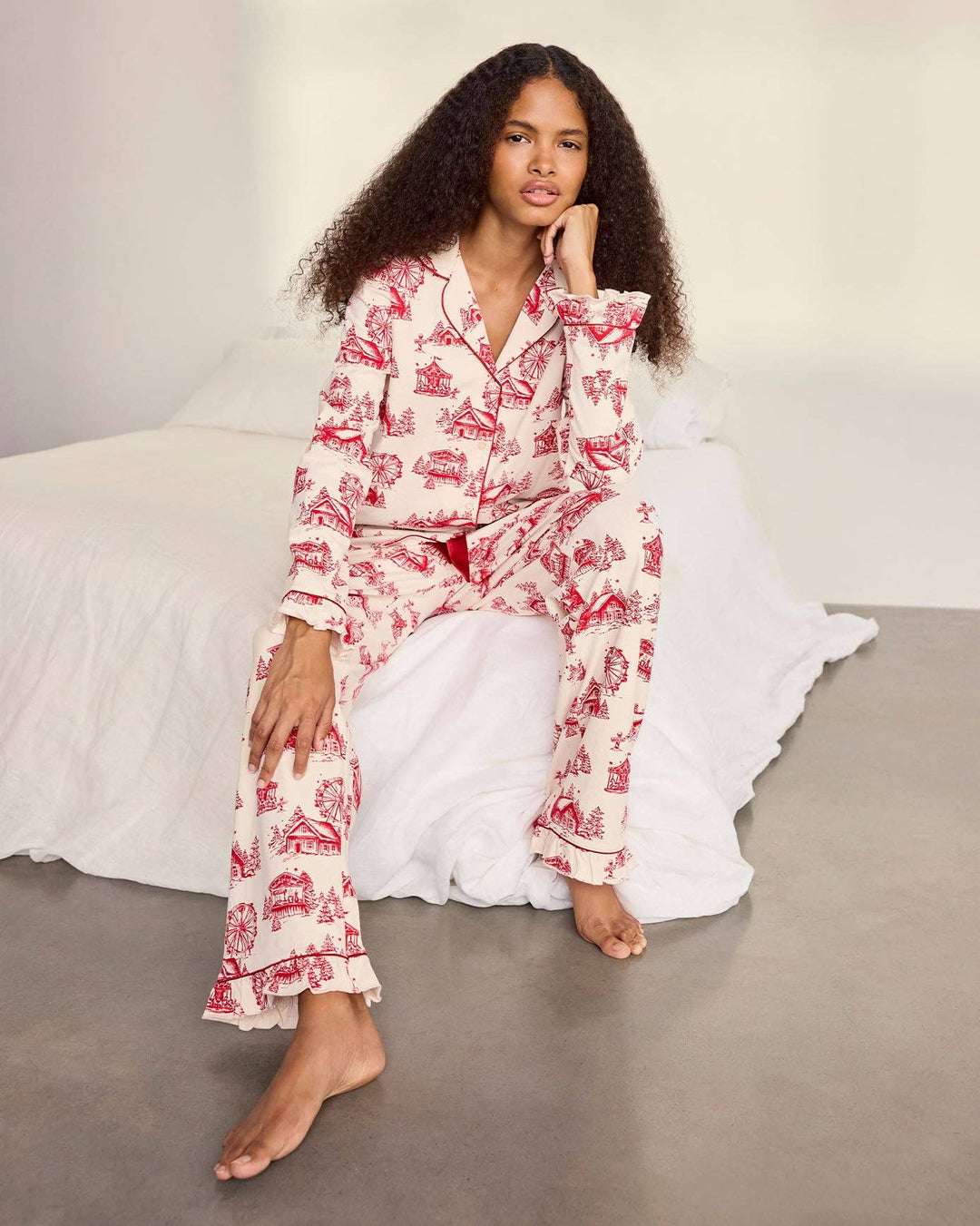 Chelsea Peers Organic Cotton Christmas Village Print Long Pyjama Set