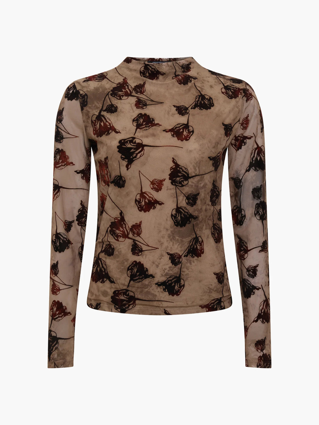 French Connection Tia Brown Floral Velvet Devore Mesh Top