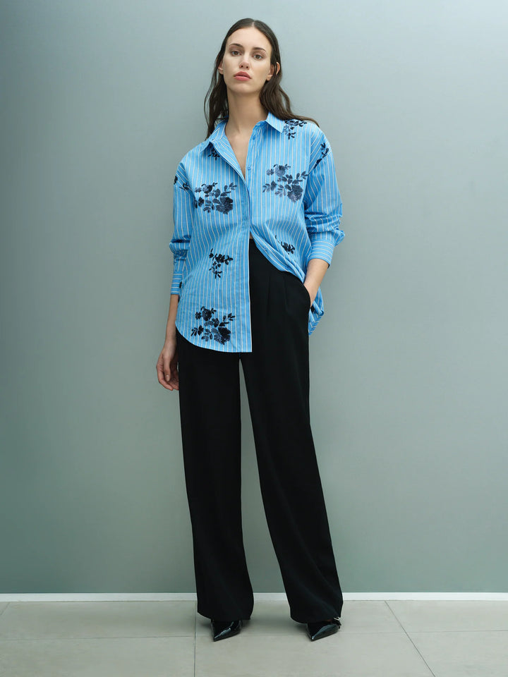 French Connection Cambria Blue Striped Floral Sequin Embroidered Shirt