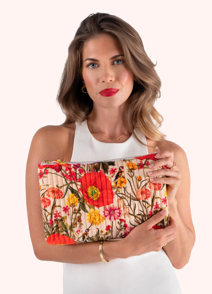 Powder Quilted Velvet Zip Pouch | Fine Flowers