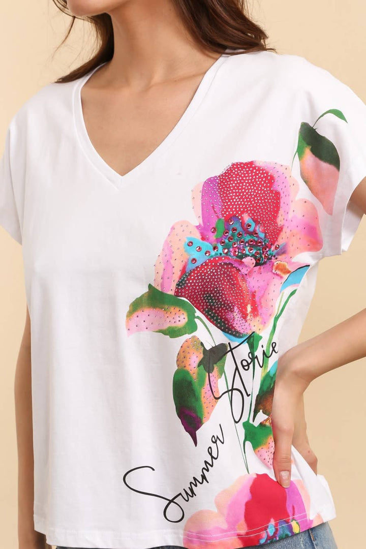 Attrait Summer Floral Cotton White T-Shirt