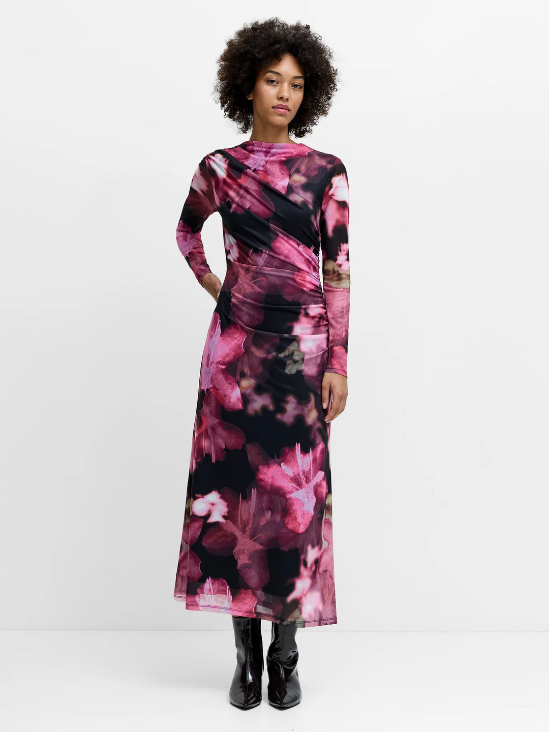 French Connection Talluah Floral Ruched Mesh Midi Dress
