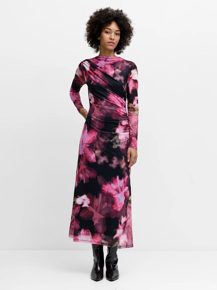 French Connection Talluah Floral Ruched Mesh Midi Dress