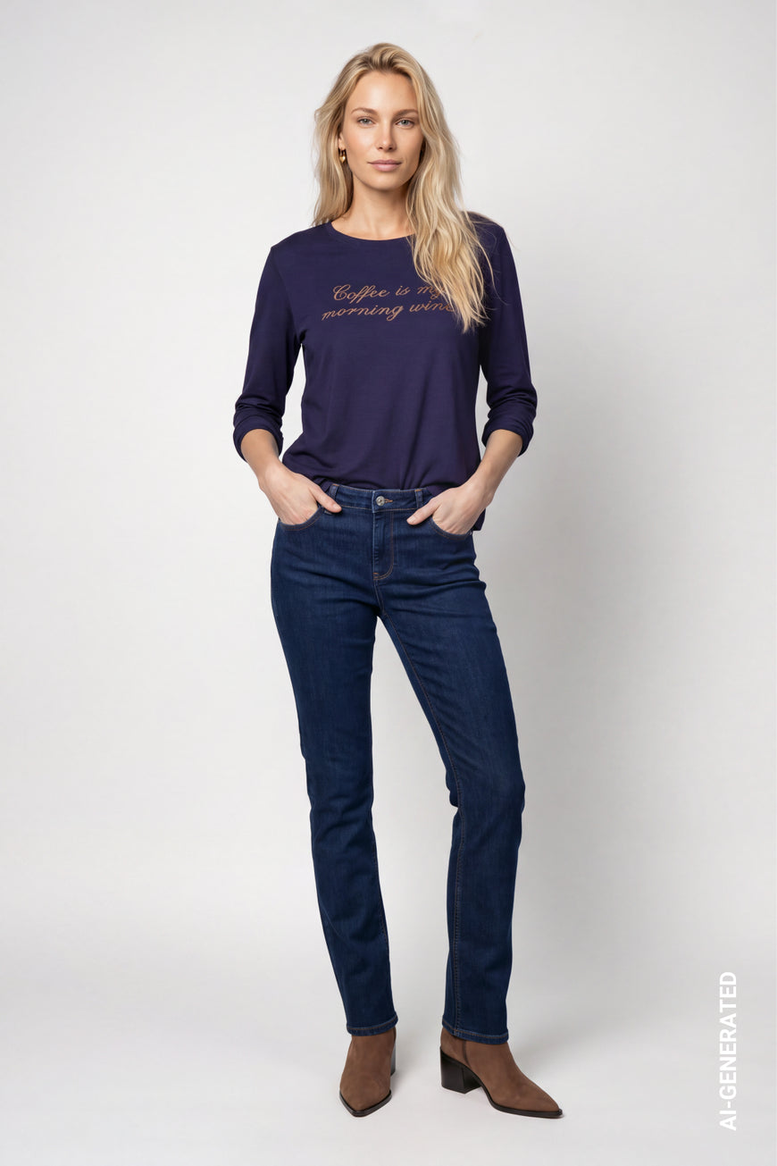 Monari Long Sleeve Rhinestone Lettering Top | Dark Blue