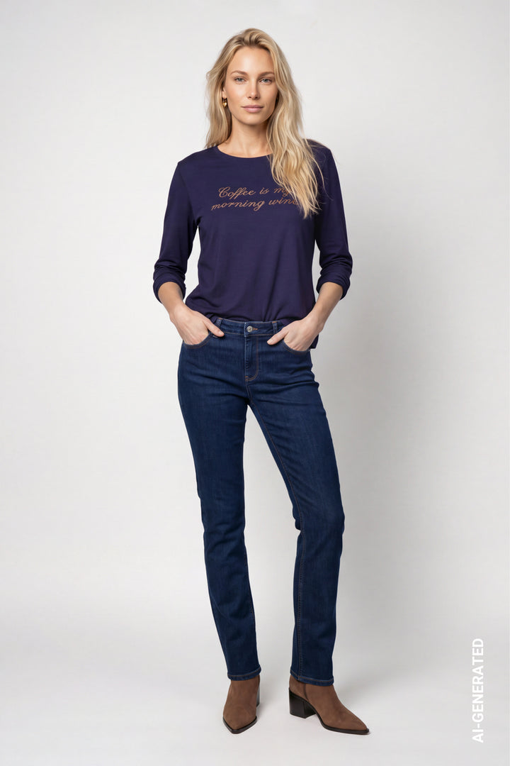 Monari Long Sleeve Rhinestone Lettering Top | Dark Blue