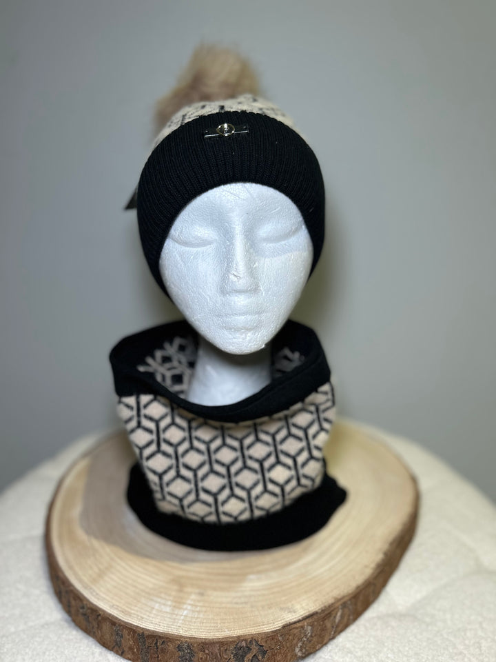 Perfect Hat and Snood Set – Black & Beige Geometric