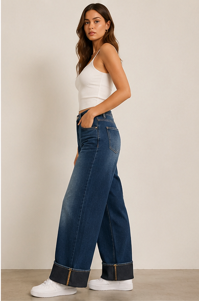 Pinns Indigo Wide Leg Turn Up Jeans | 792CT