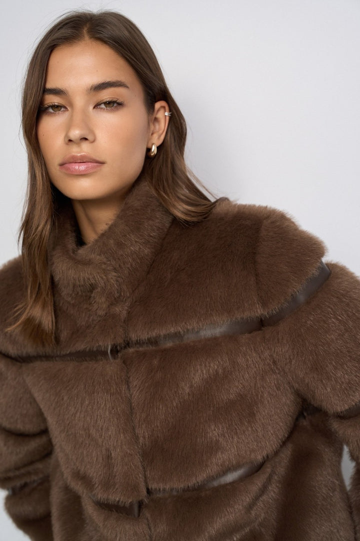 Salsa Faux Fur Coat With PU | Dark Brown