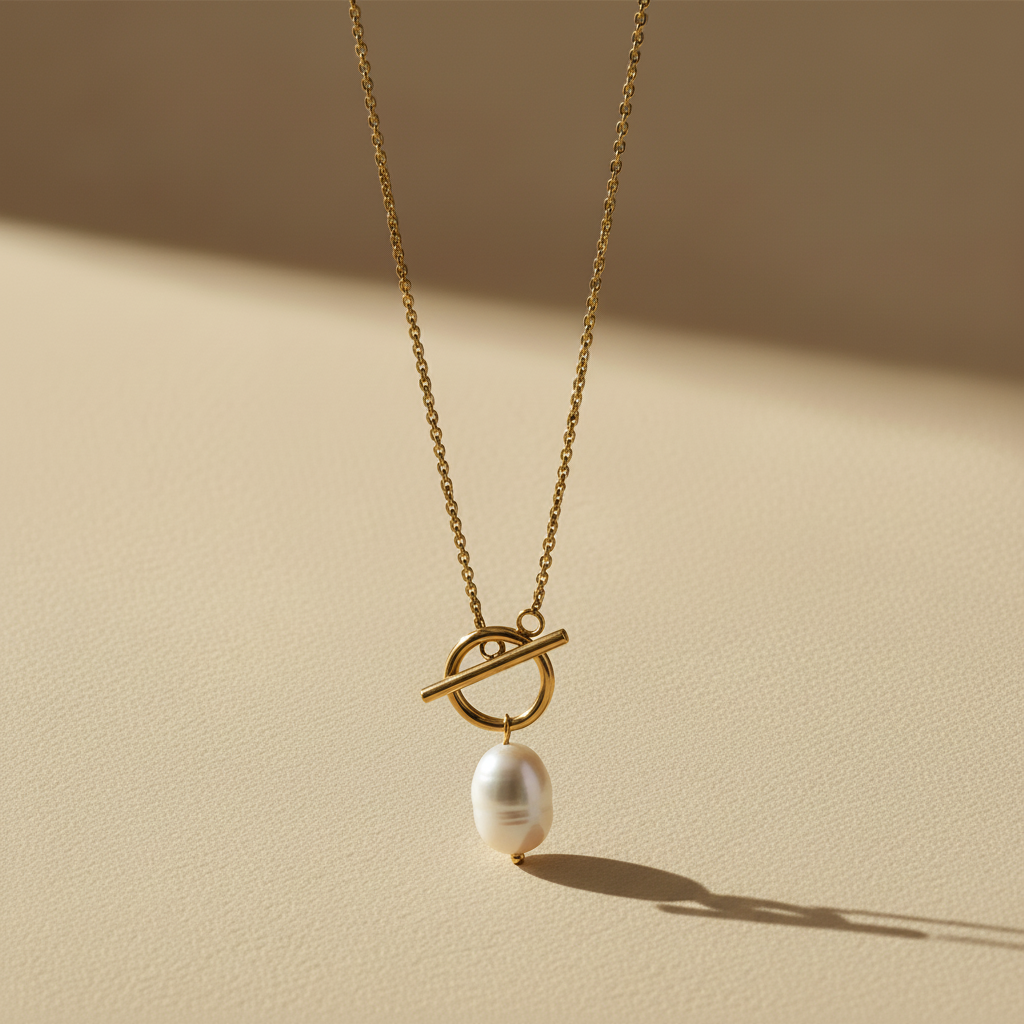 T Bar &amp; Pearl Drop Necklace 18k Gold Plated Waterproof