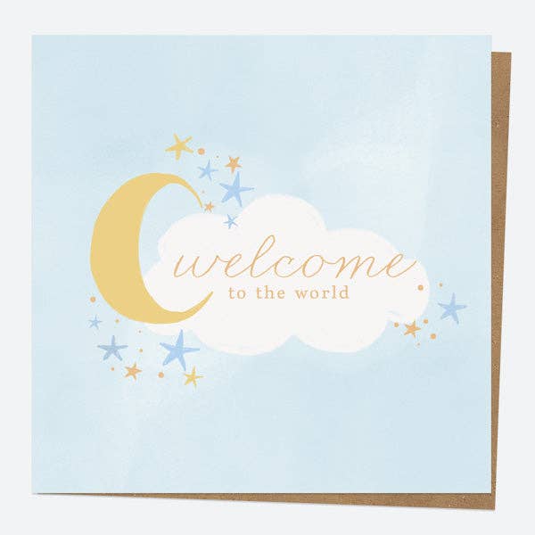 Luxury Foil New Baby Card - Moon & Clouds - Blue