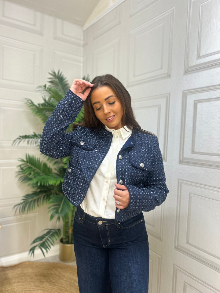 Guess Navy Sparkle Cropped Jacket