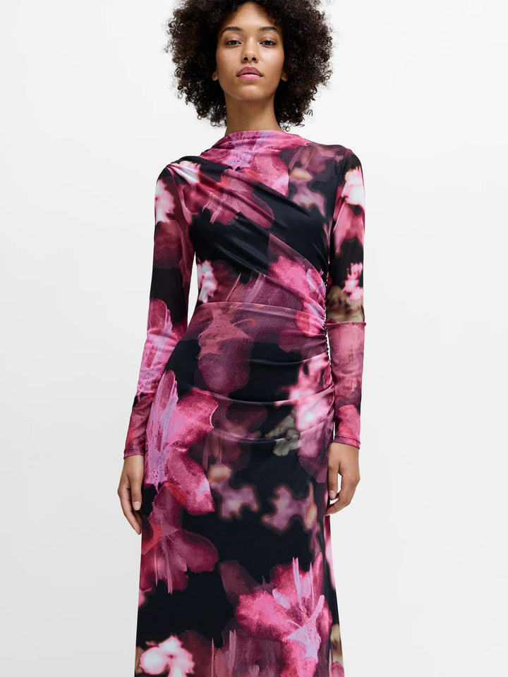 French Connection Talluah Floral Ruched Mesh Midi Dress
