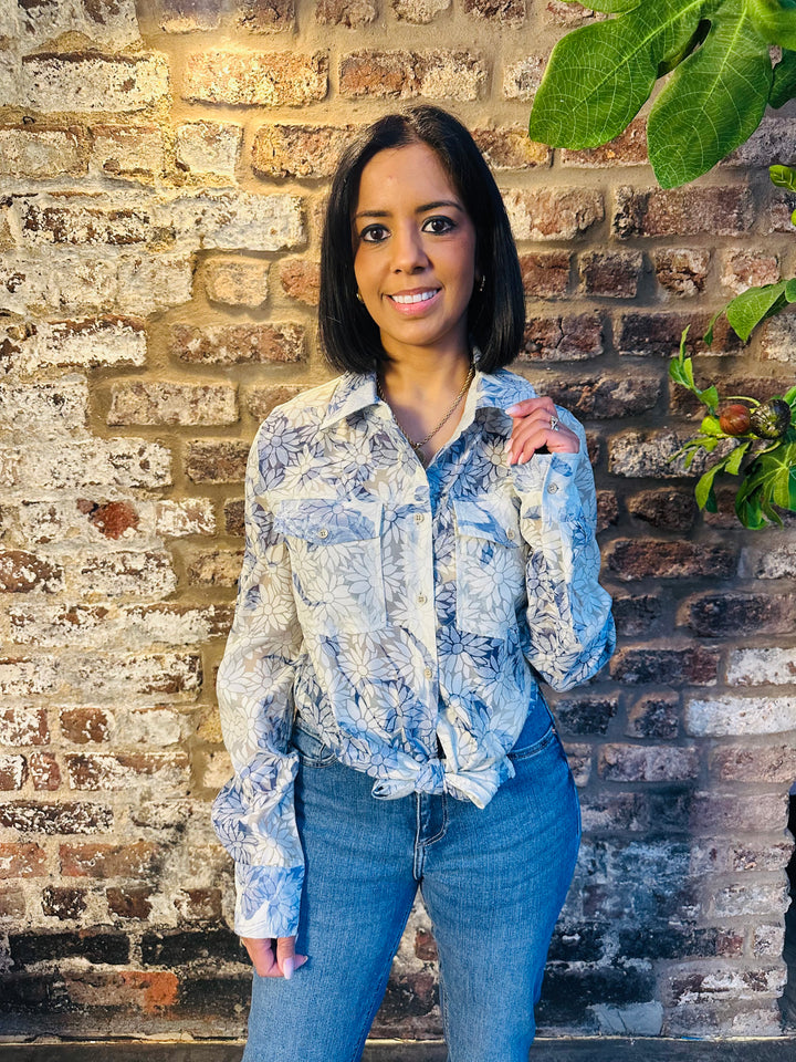 Guess Adelaide Blue/Cream Floral Tie Knot Shirt