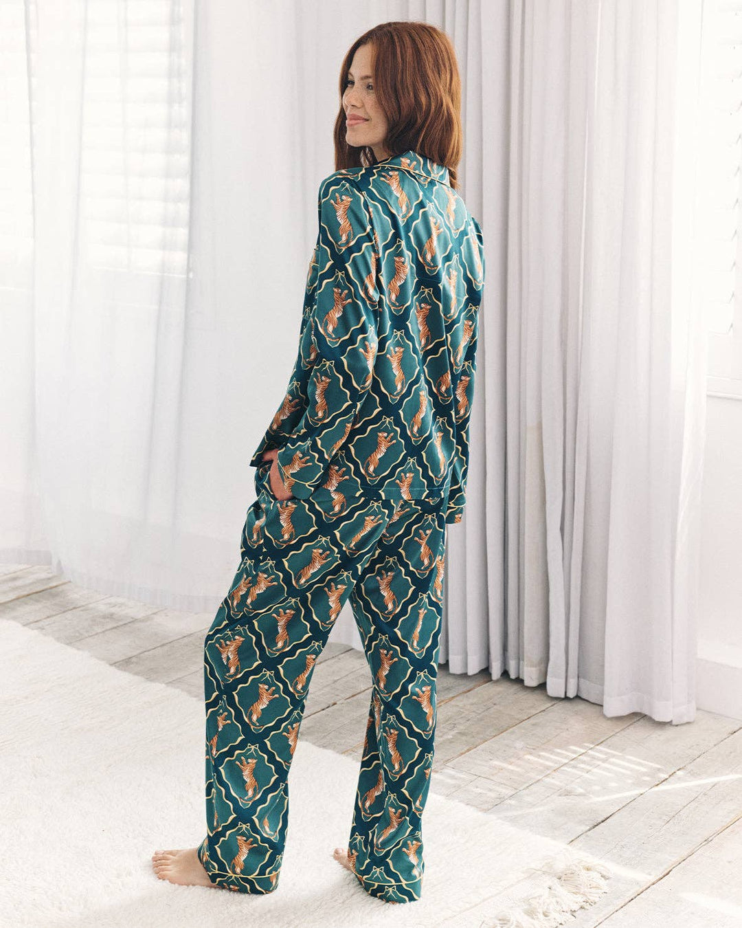 Satin Gilded Tiger Print Long Pyjama Set: UK 12