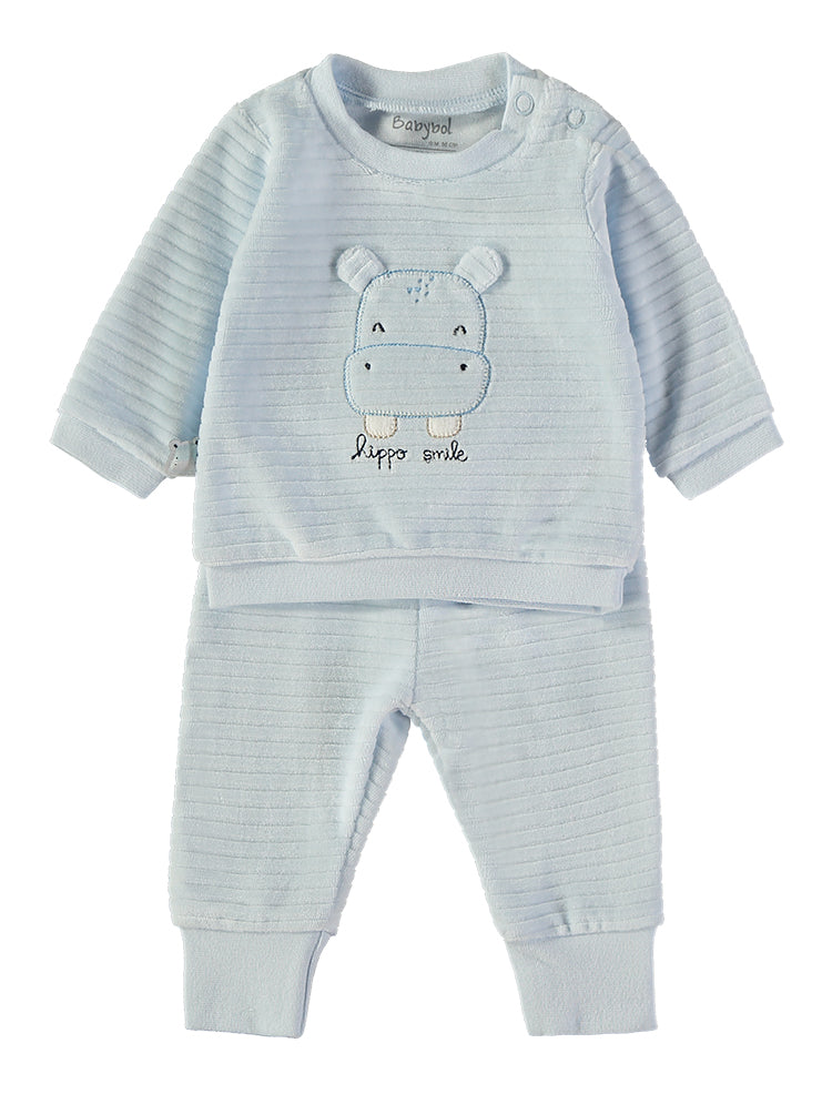 Babybol Baby Boy Light Blue Hippo Smile Ribbed Two-Piece Outfit Set