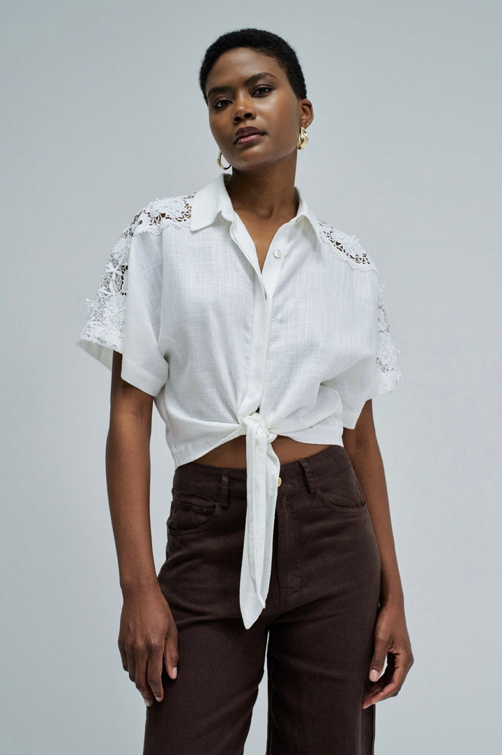Salsa White Linen Lace Sleeve Blouse