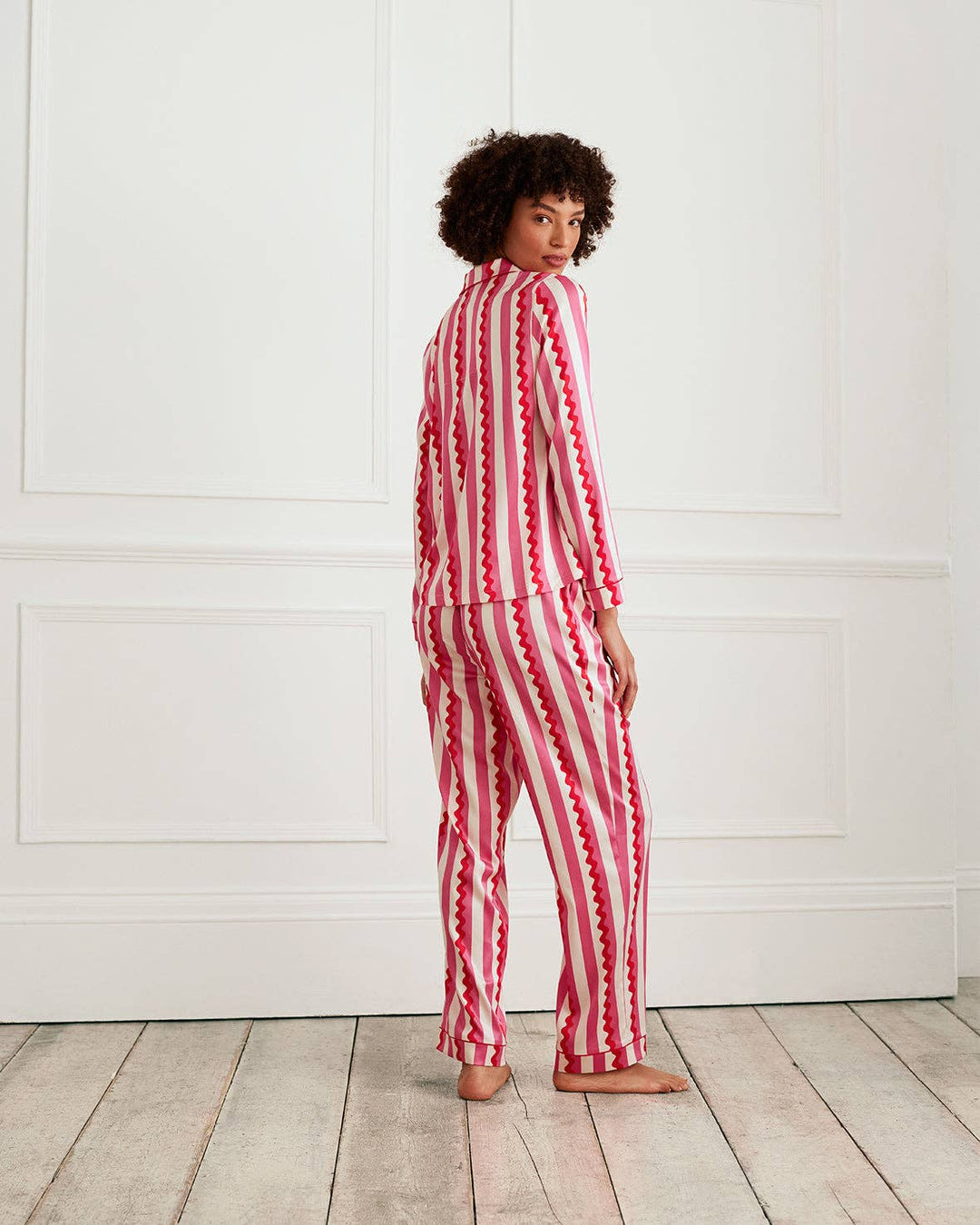 Satin Heart Pocket Striped Long Pyjama Set: Pink / UK 14