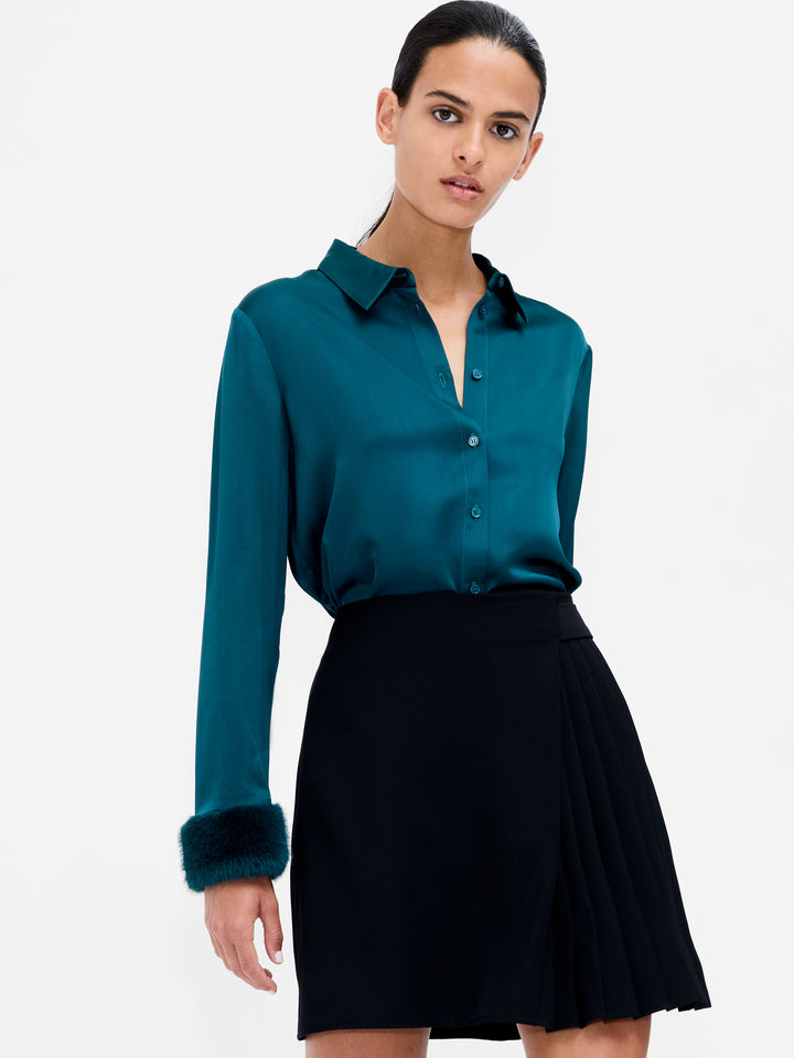 French Connection Hope Satin Faux Fur Trim Shirt