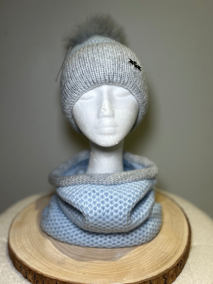 Perfect Powder Blue & Grey Knit Hat and Snood Set
