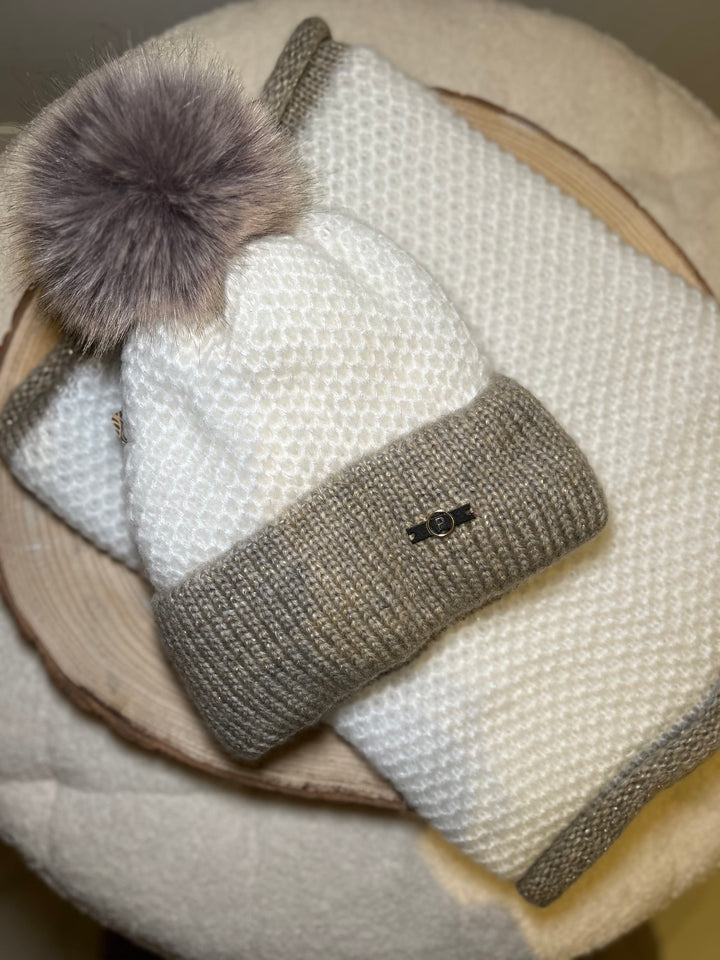 Perfect Winter White & Taupe Knit Hat and Snood Set
