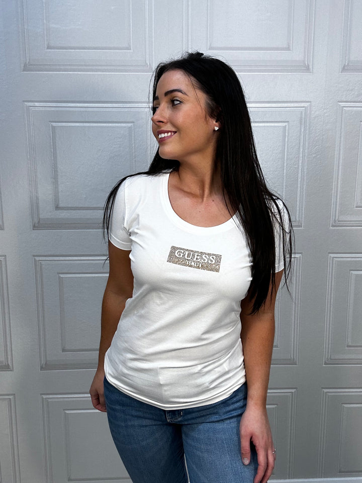 Guess White Diamanté Box Logo Tee
