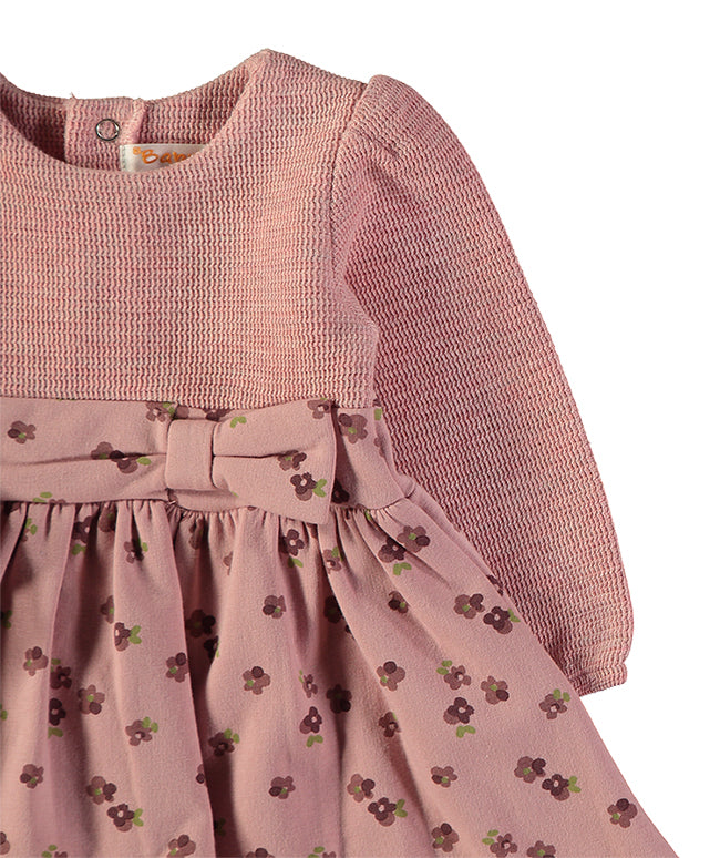 Babybol Baby Girl Long Sleeve Knit &amp; Floral Bow Dress | Dusky Pink