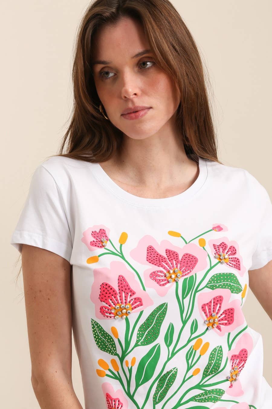 Cotton T-shirt Pink Green Flower Design White Pre Order