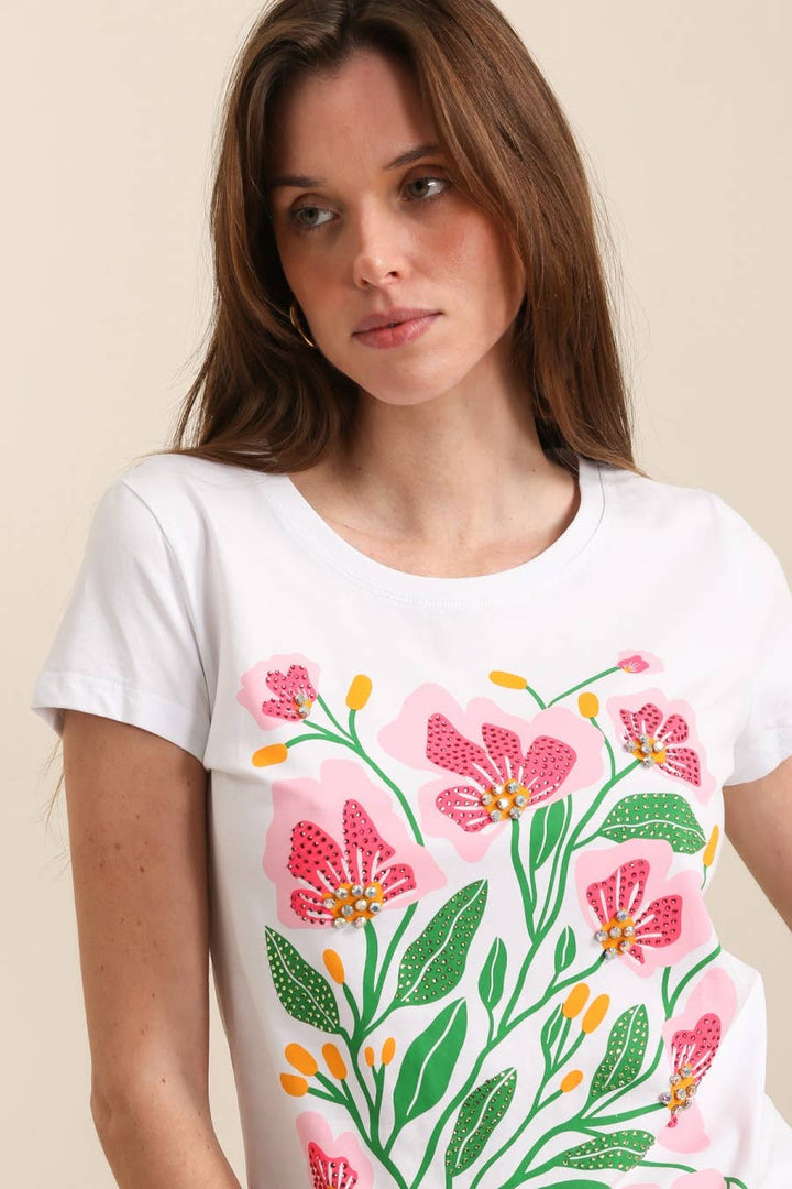 Cotton T-shirt Pink Green Flower Design White Pre Order