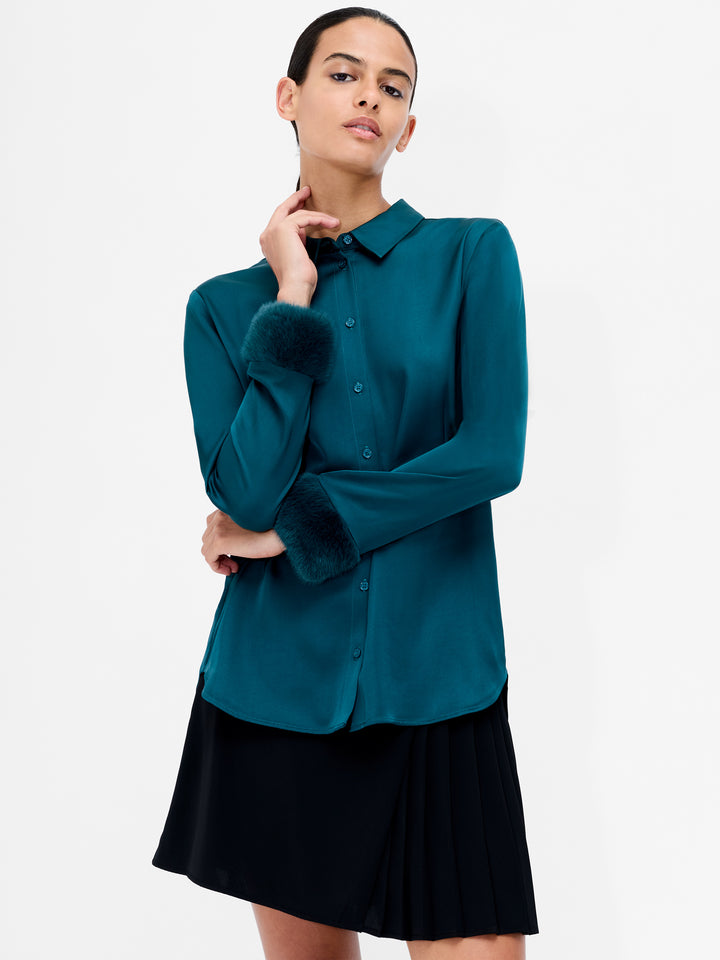 French Connection Hope Satin Faux Fur Trim Shirt