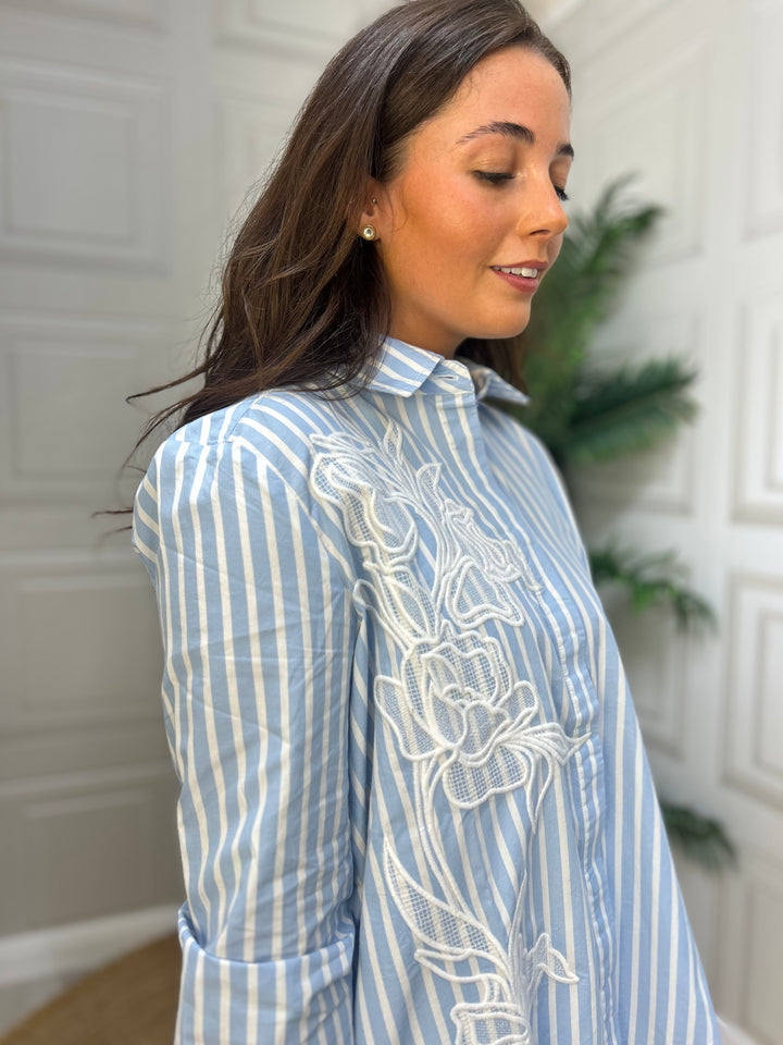 French Connection Cambria Cotton Embroidered Floral Stripe Shirt