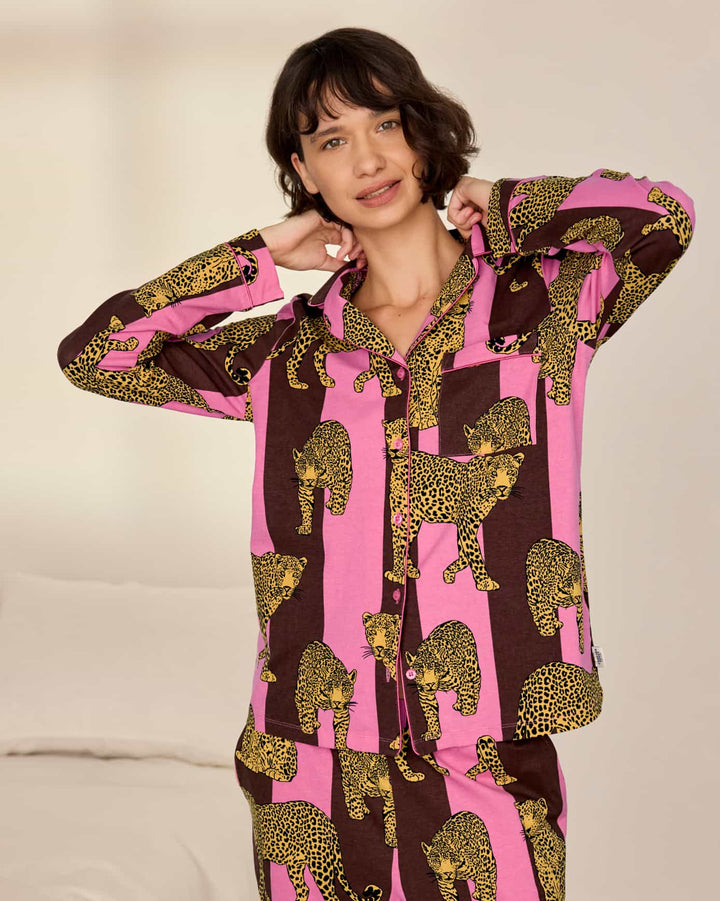 Chelsea Peers Organic Cotton Leopard Stripe Print Long Pyjama Set